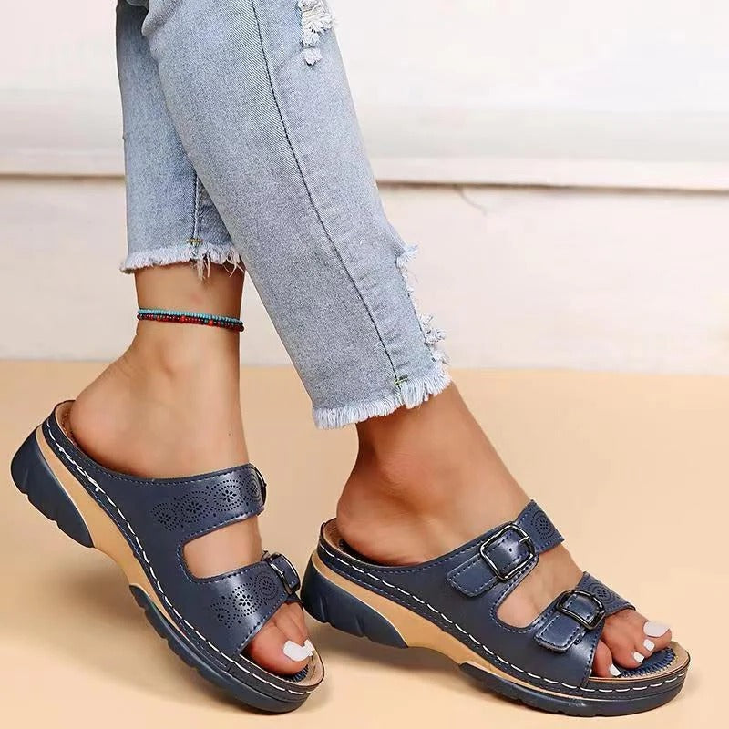 Women's beige comfort walking sandals with contoured pressure-distributing sole for posture support