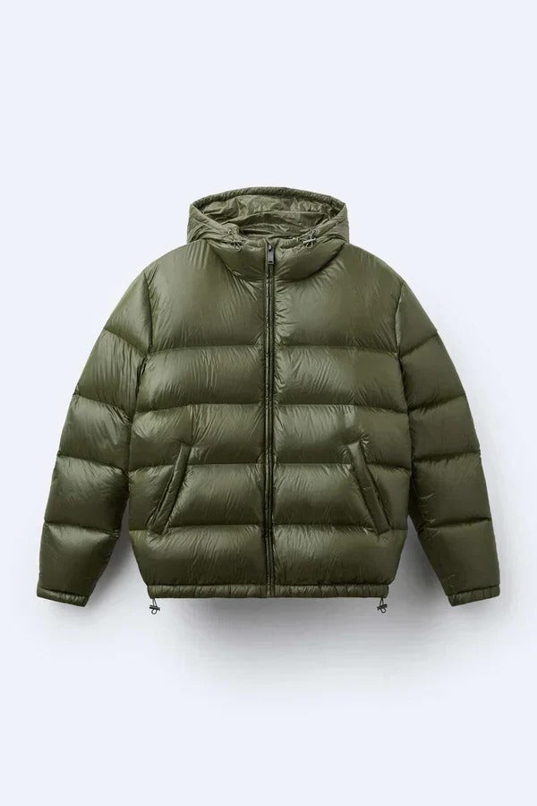 Waterproof puffer jacket with hood, lightweight insulated city commuter style, water-resistant shell