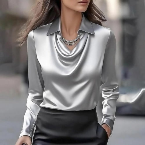 Women elegant draped neckline blouse tailored fit workwear formal versatile silhouette