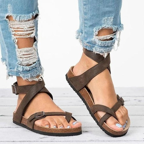 Women flat sandals neutral tone adjustable buckle strap low-profile sole everyday casual comfort