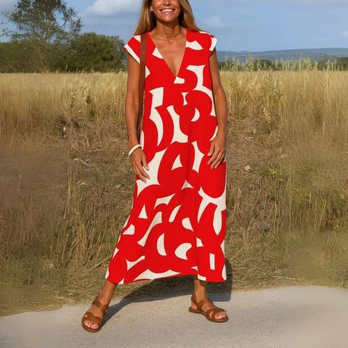 Women's printed V-neck casual dress lightweight flowing fabric relaxed silhouette travel-ready everyday wear