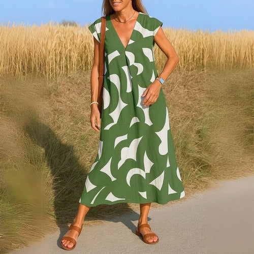 Women's printed v-neck casual dress lightweight flowing relaxed silhouette travel-ready warm weather