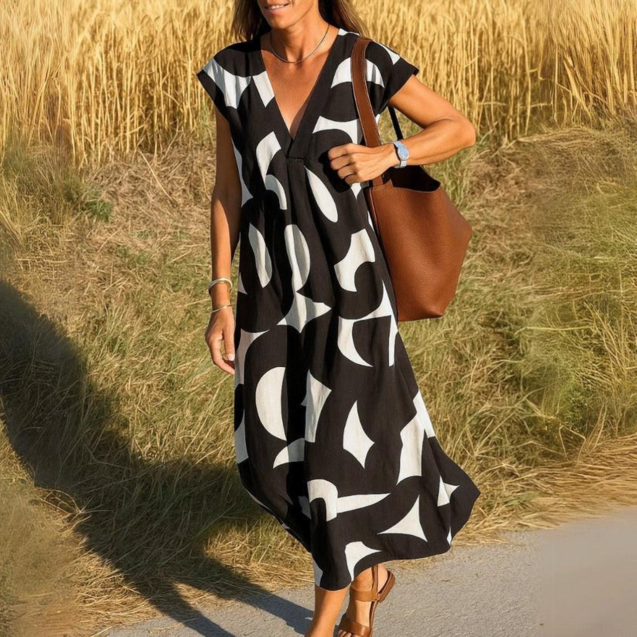 Women's printed V-neck casual dress lightweight flowing relaxed silhouette travel-ready everyday style