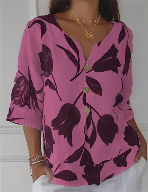 Women's floral v-neck blouse lightweight everyday office style with elongating neckline