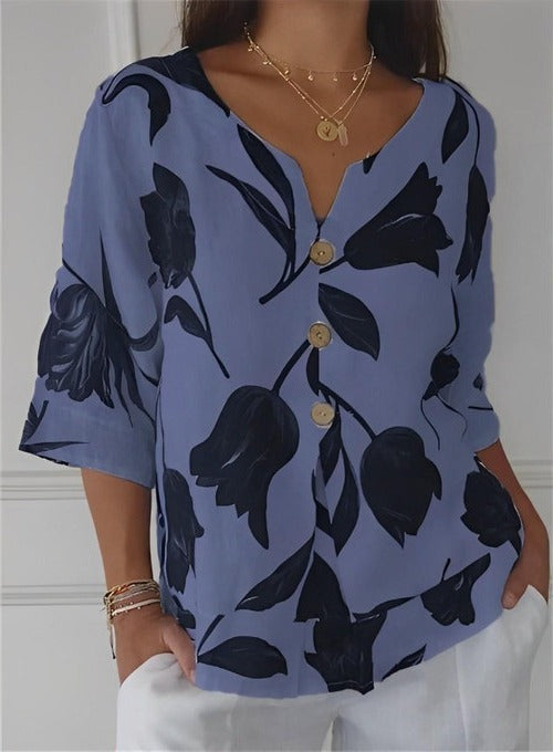 Women's floral v-neck blouse, relaxed polished cut with all-day comfort for office wear
