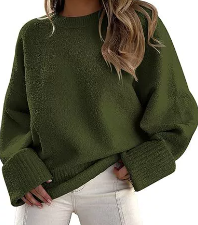 Women's oversized knit sweater, soft plush texture, relaxed drop-shoulder silhouette for cozy layering