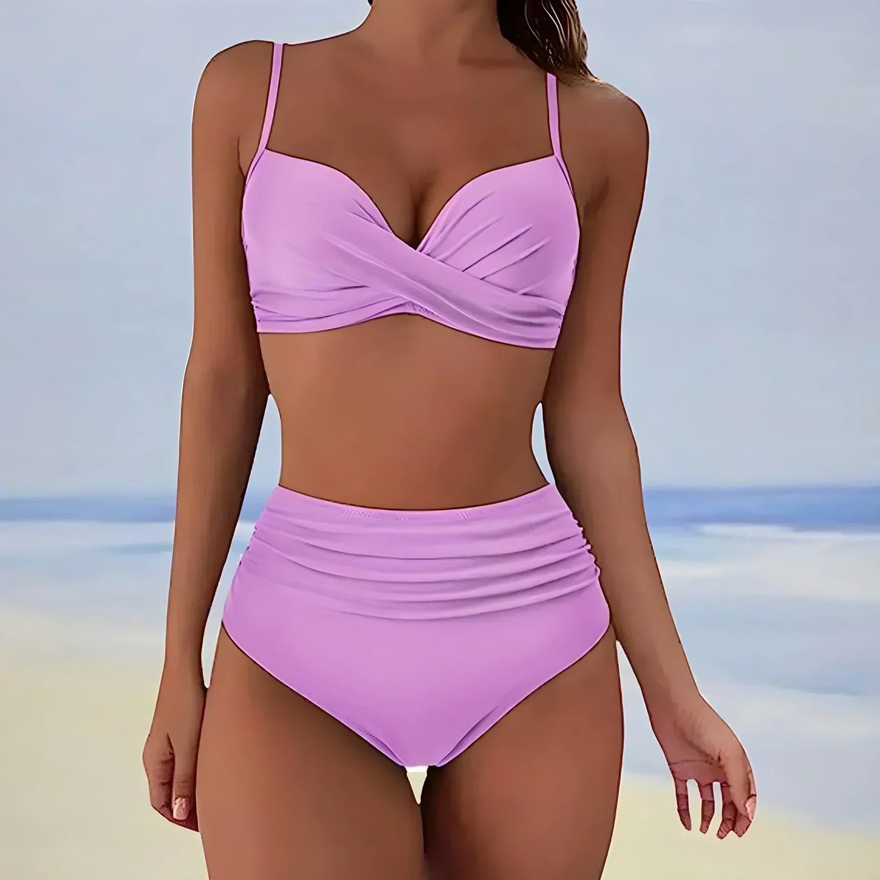 Women's high-waist bikini bottom with ruched sides, full coverage stretch fit, flattering silhouette