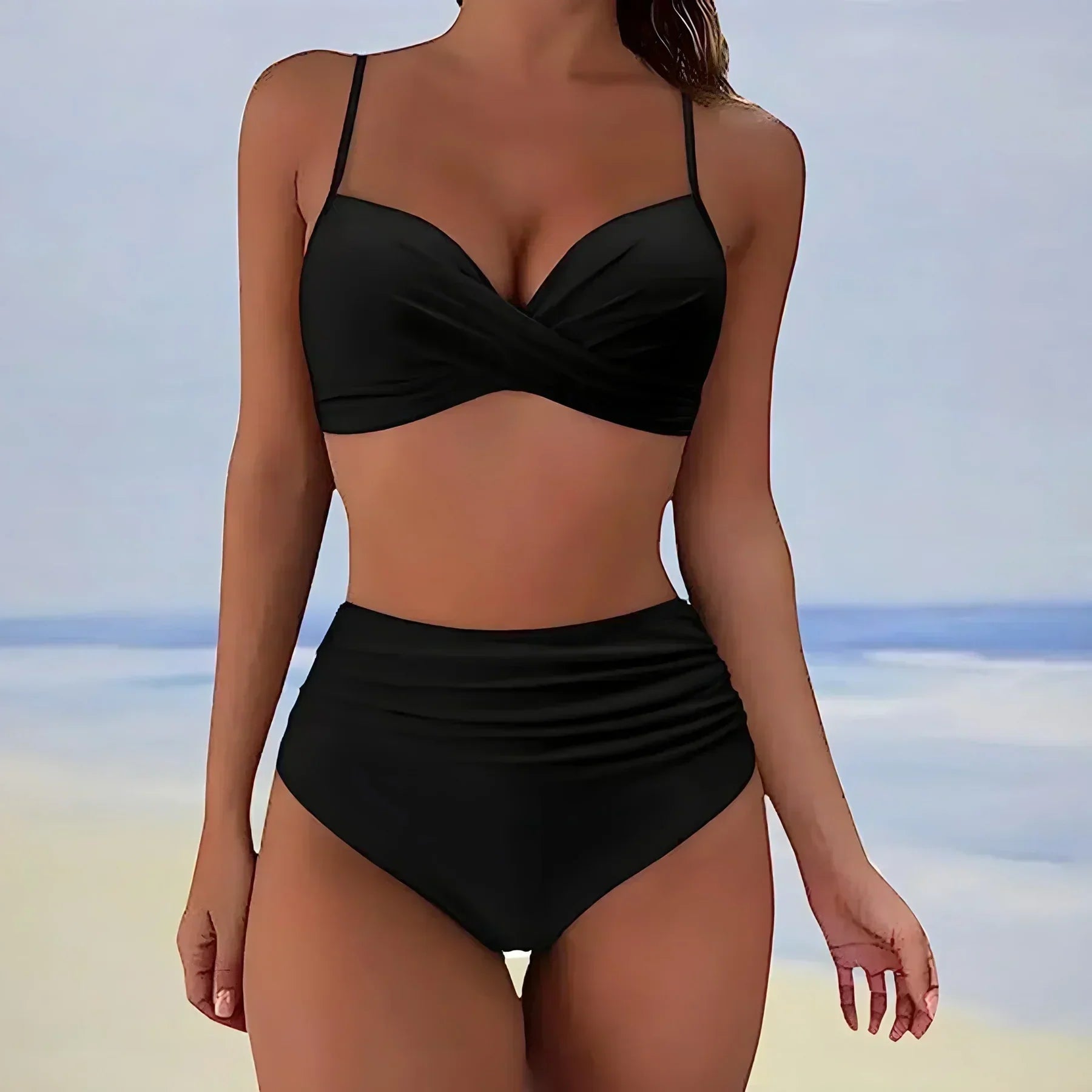 Women's high-waist bikini bottom with ruched sides, full coverage stretch fit, chic beach silhouette