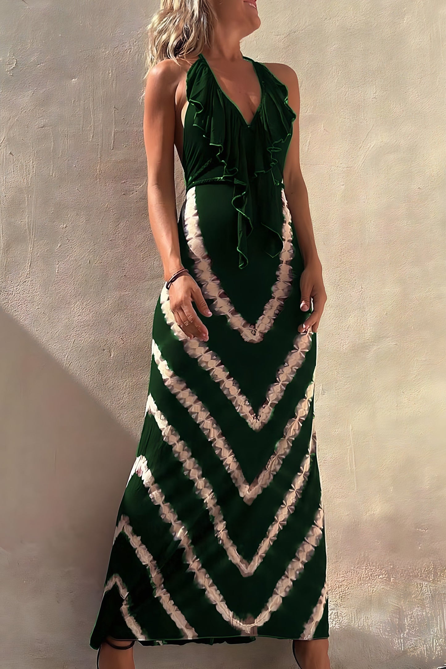 Women's flowy halter neck maxi dress with V-neck cascading ruffle details, lightweight warm-weather style