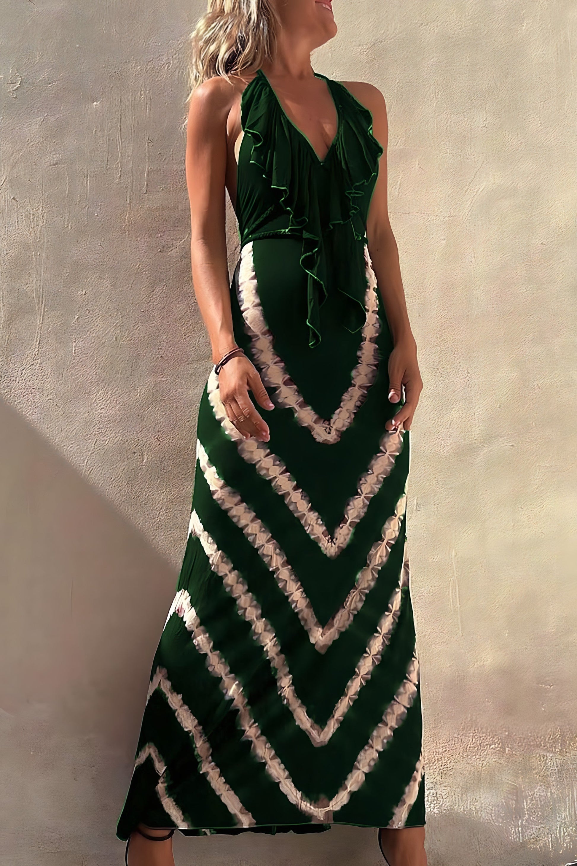 Women's flowy halter neck maxi dress with V-neck cascading ruffle details, lightweight warm-weather style