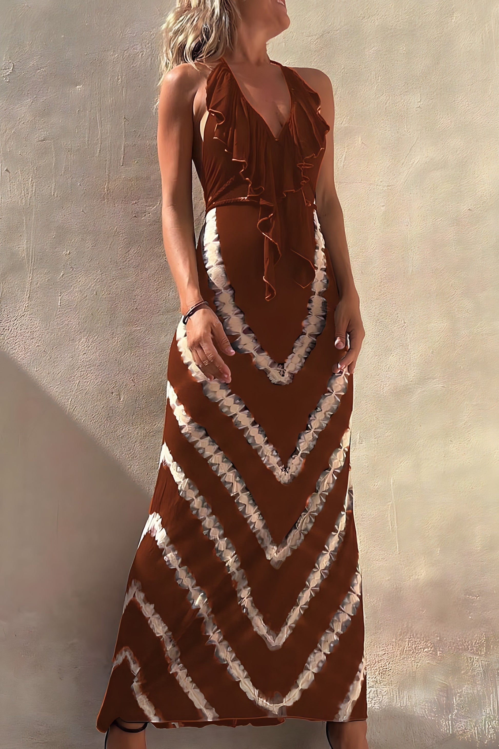 Women's flowy maxi dress halter V-neck with cascading ruffles, lightweight warm-weather style