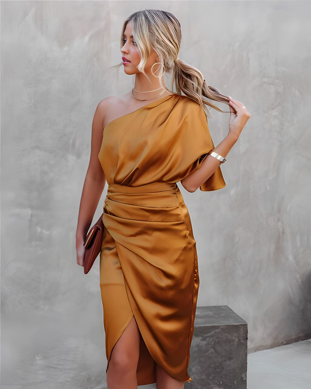 Ava women's black one-shoulder wrap midi dress with draped sleeve for cocktail events