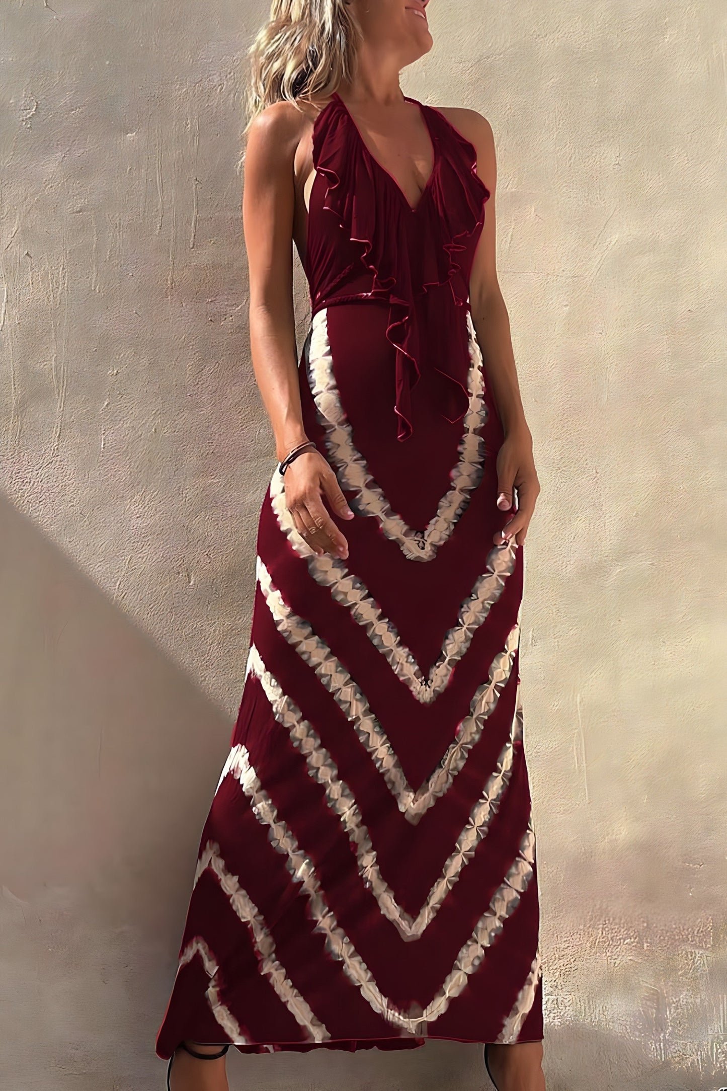 Women's flowy maxi dress halter V-neck with cascading ruffles, lightweight warm-weather style