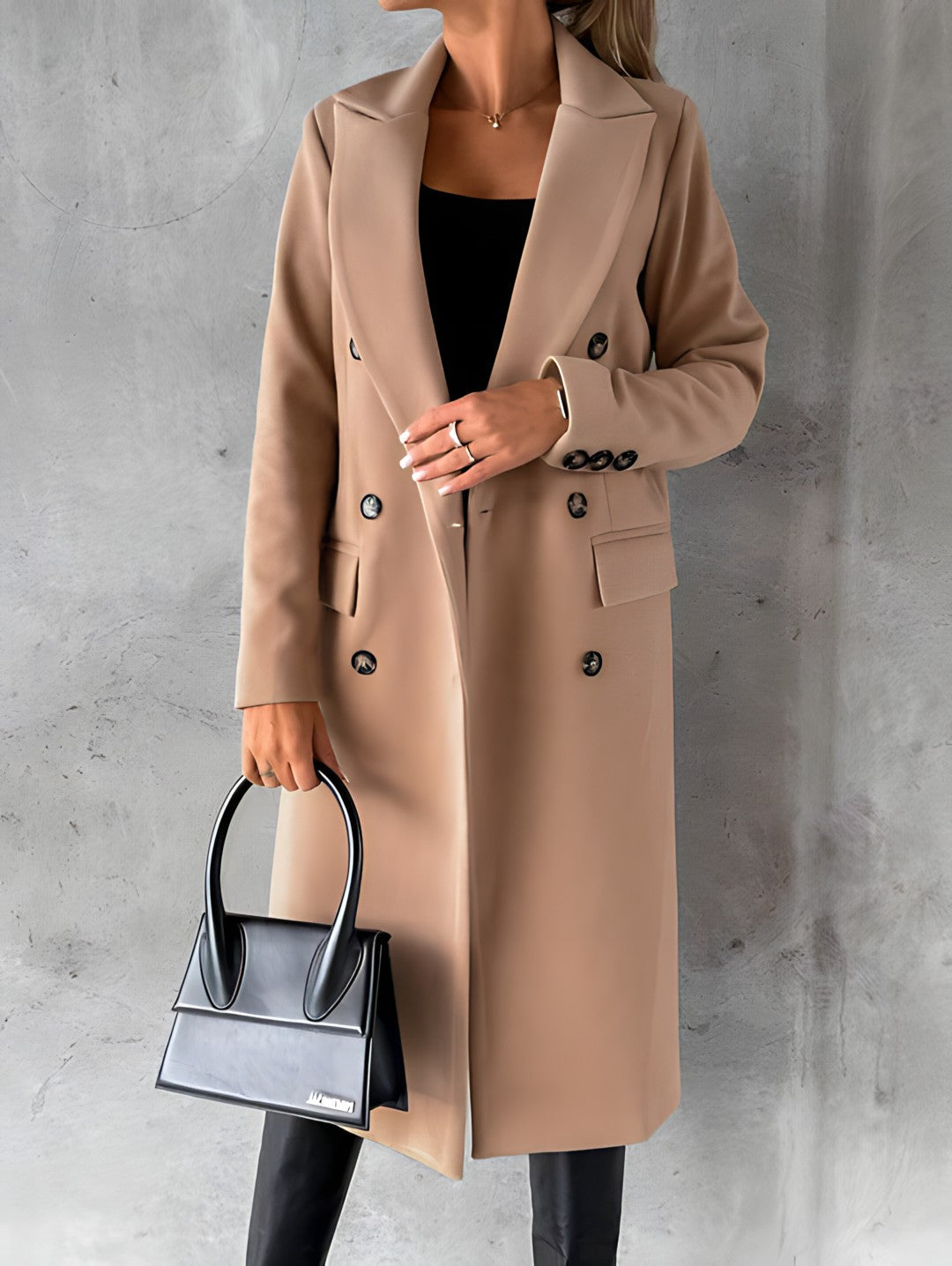 Women's slim fit wool blend long overcoat with elegant notch lapel in classic professional style