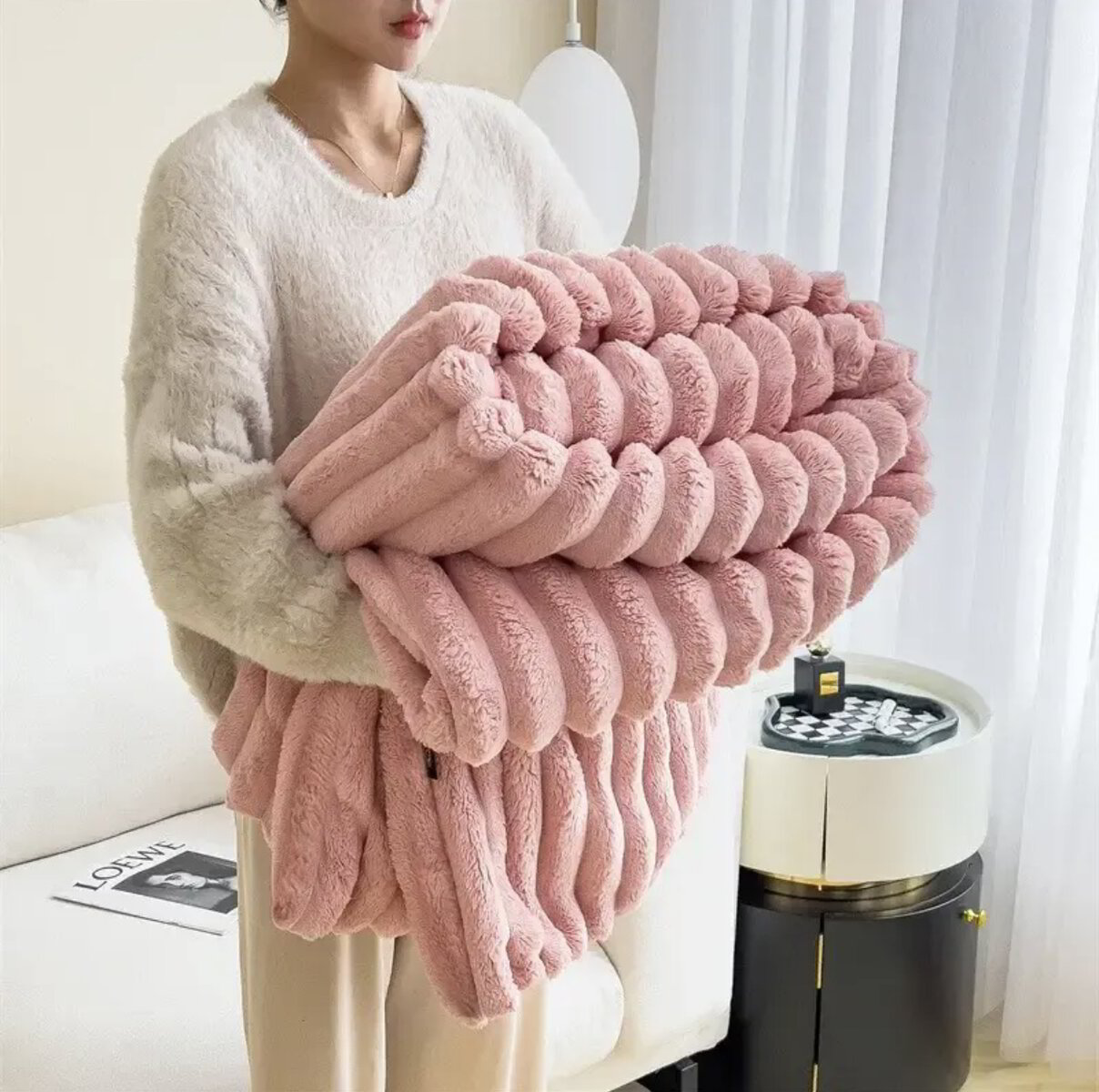 Beige plush faux fur throw blanket ultra-soft cozy texture modern home décor accent