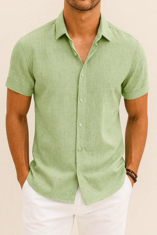 Vero Amsterdam men's short sleeve linen shirt, lightweight cotton-linen blend, minimalist everyday elegance