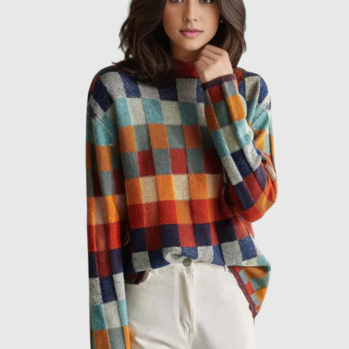 Women's colorblock checkered knit sweater relaxed fit retro geometric pattern cozy comfort