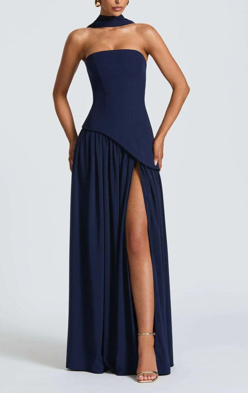 Plum brown strapless crepe maxi dress with asymmetrical chiffon skirt and thigh-high slit