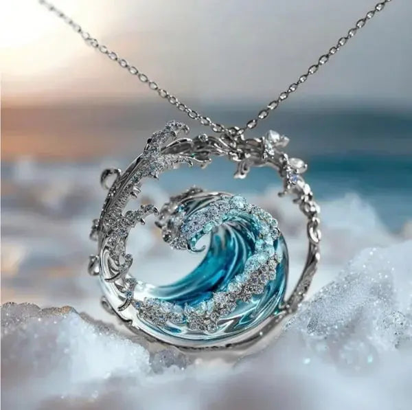 Judith wave pendant necklace blue resin ocean wave design with cubic zirconia sparkle accents