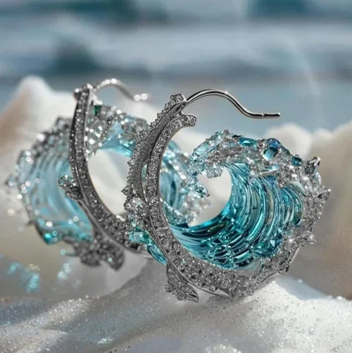 Jessica wave hoop earrings sterling silver blue resin center sparkling cubic zirconia accents