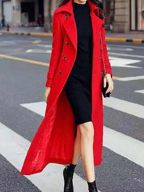 Women's long winter coat notched lapel self-tie belt structured silhouette cold weather warmth