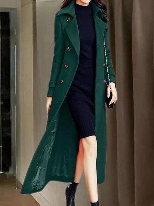 Women's long winter coat notched lapel self-tie belt structured silhouette cold weather warmth