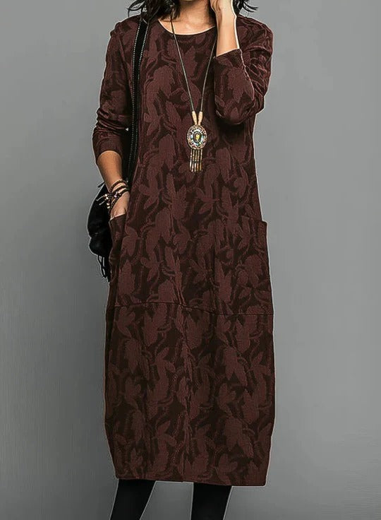 Women's cozy mid-length winter dress with round neckline, relaxed fit, versatile layering essential