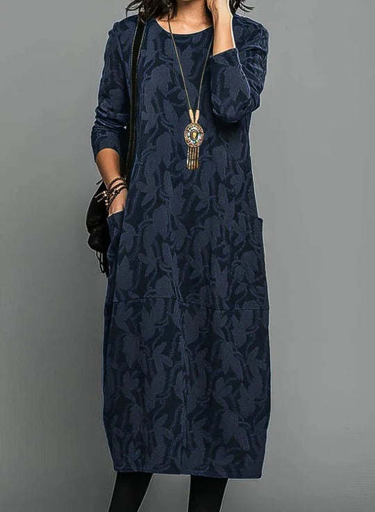 Women's cozy mid-length winter dress relaxed fit round neckline versatile layering essential