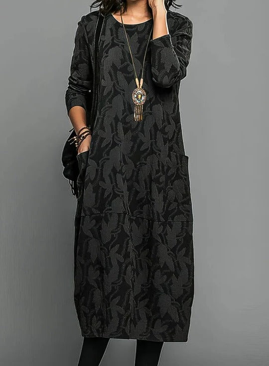 Women's cozy mid-length winter dress relaxed fit round neckline versatile layering essential