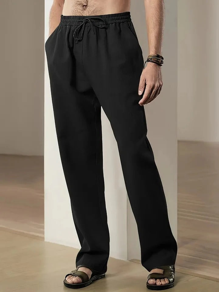 Men's white loose-fit lightweight summer pants with adjustable drawstring waist for breathable comfort