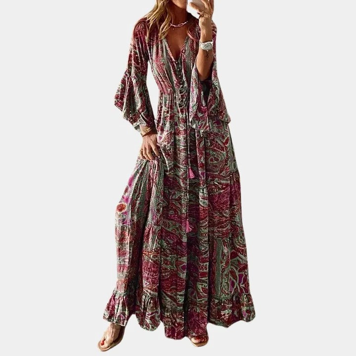 Women's boho maxi dress flowing silhouette full-length relaxed fit for casual and semi-formal wear