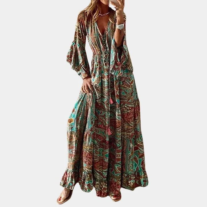 Women's boho maxi dress flowing silhouette loose fit full-length coverage casual semi-formal style