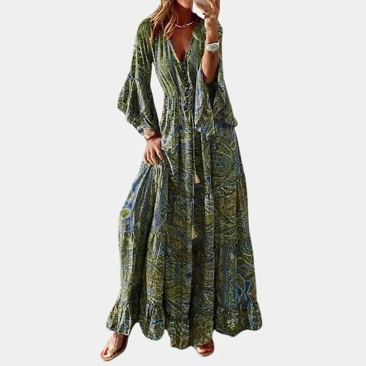 Women's boho maxi dress flowing silhouette full-length relaxed fit for casual and semi-formal wear