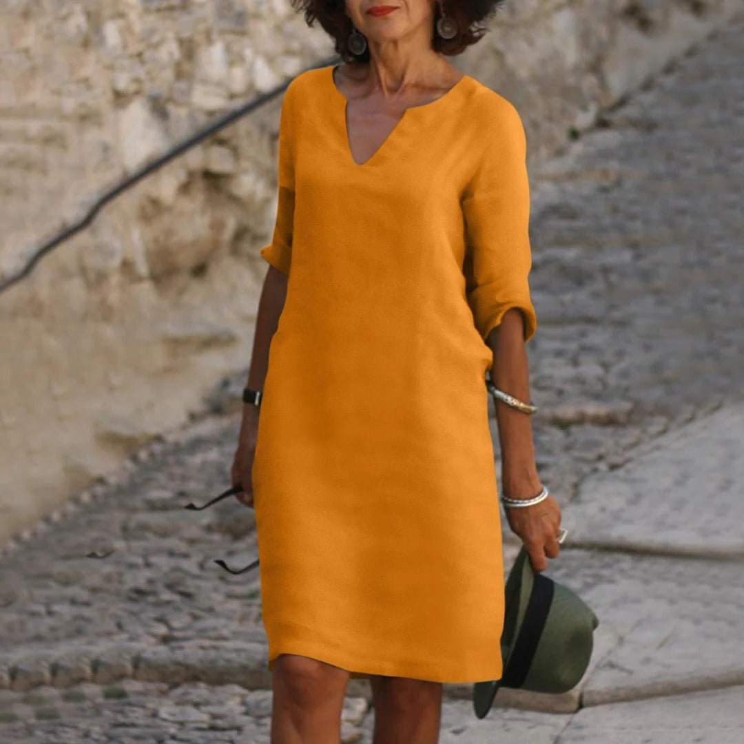 Women's breathable white midi dress V-neck short sleeves relaxed fit warm weather everyday style