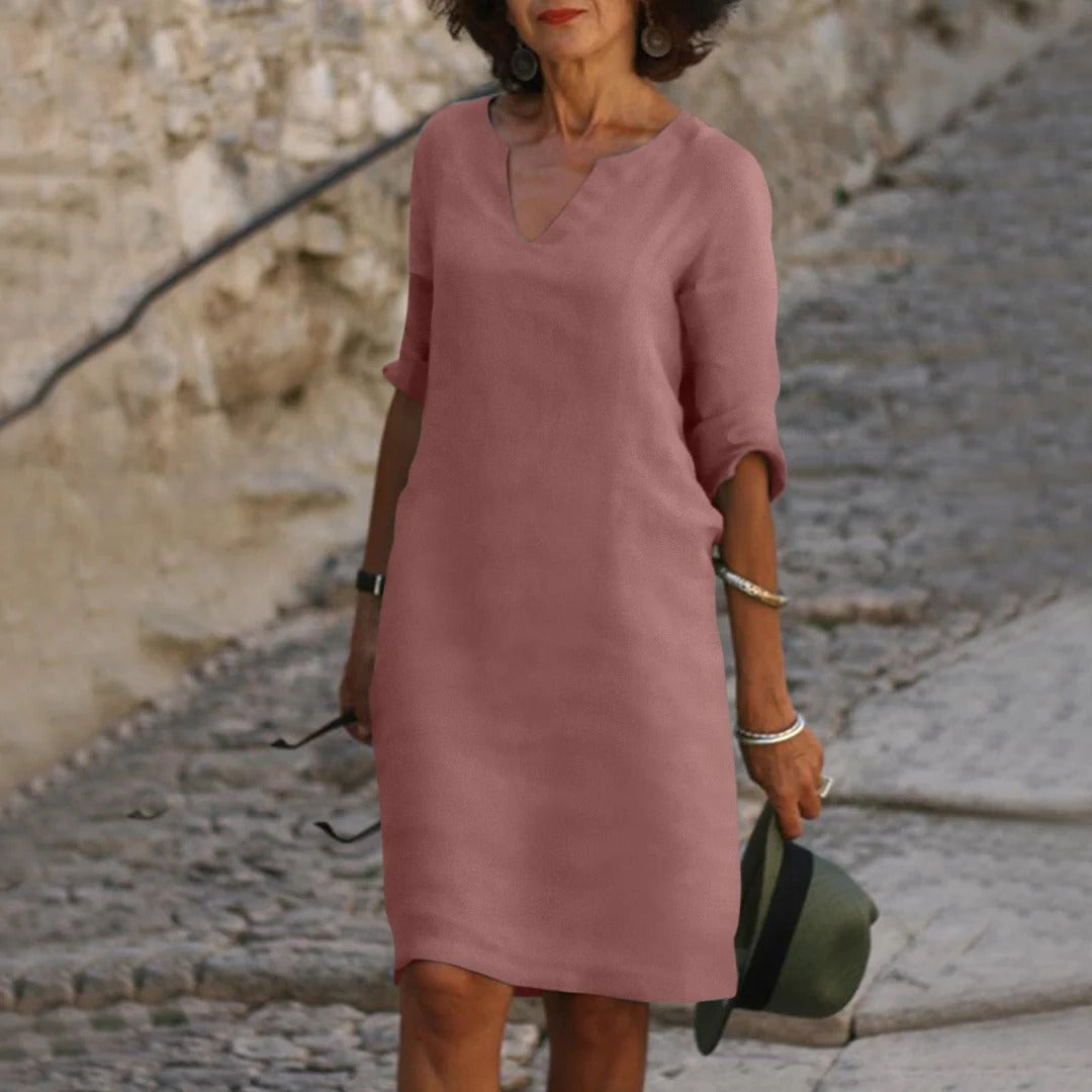 Women's breathable midi dress light V-neck short sleeves relaxed summer fit warm weather chic