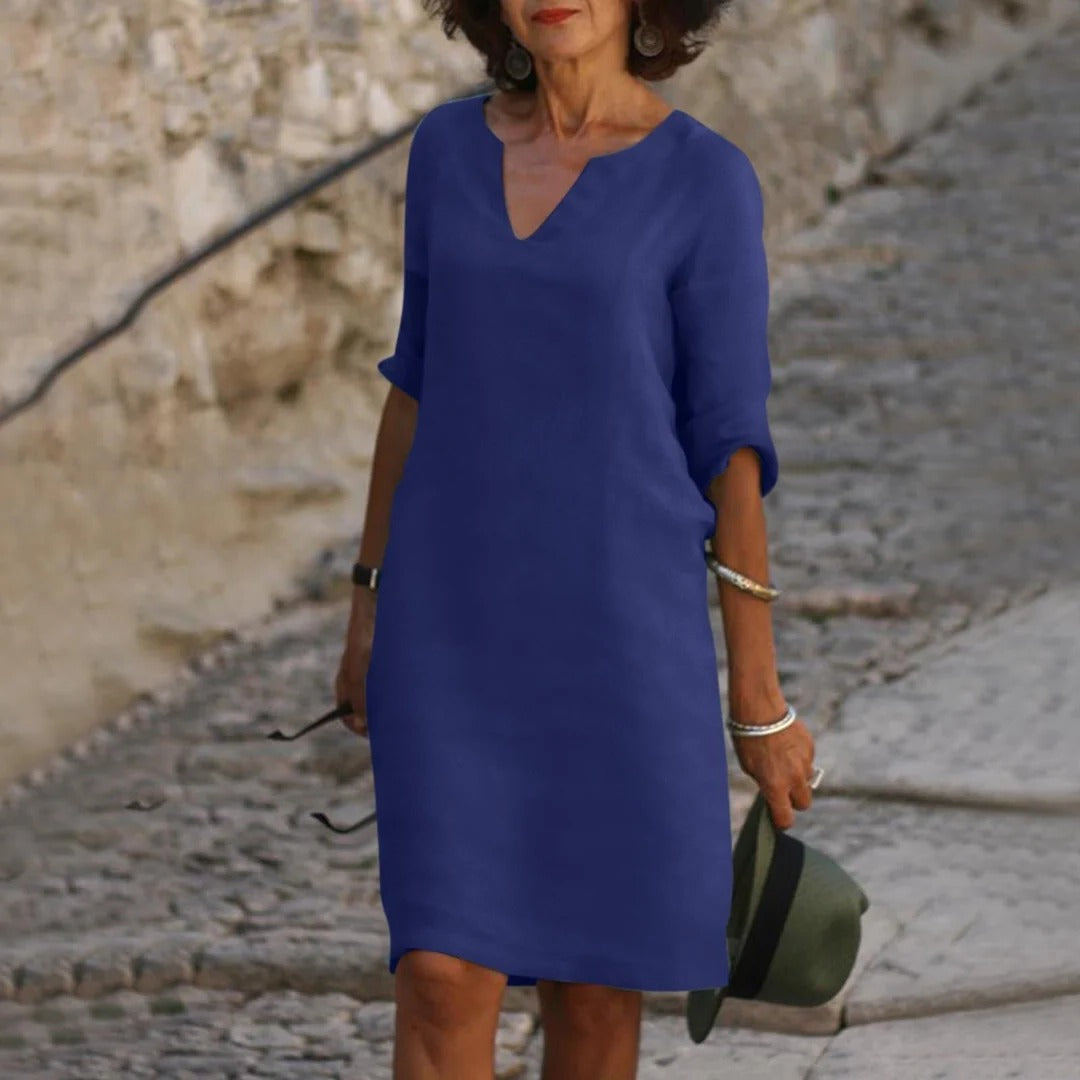Women's breathable midi dress V-neck short sleeves relaxed fit warm weather everyday chic