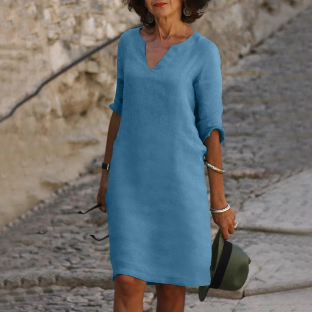 Women's breathable white midi dress V-neck short sleeves relaxed fit warm weather everyday style