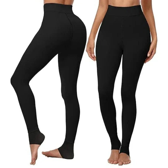 Women's black fleece-lined winter leggings stretchy cold-weather comfort with thermal interior