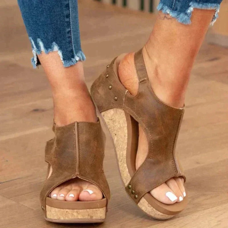 Urbann-Vibe women's wedge sandals in neutral tones with adjustable straps and supportive cushioned footbed