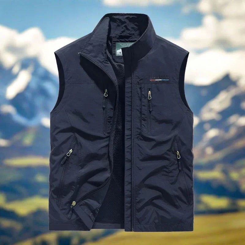 Men's windproof lightweight zip vest with multiple pockets, streamlined outdoor hiking style