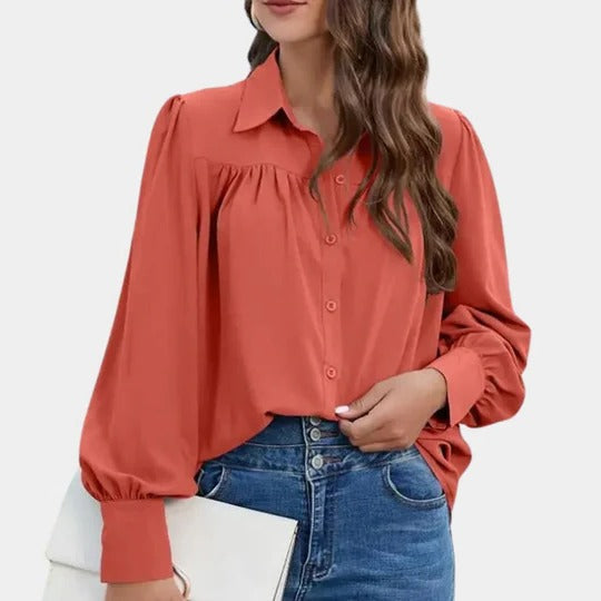 Women's solid color office blouse with shirt collar and statement lantern long sleeves for professional look