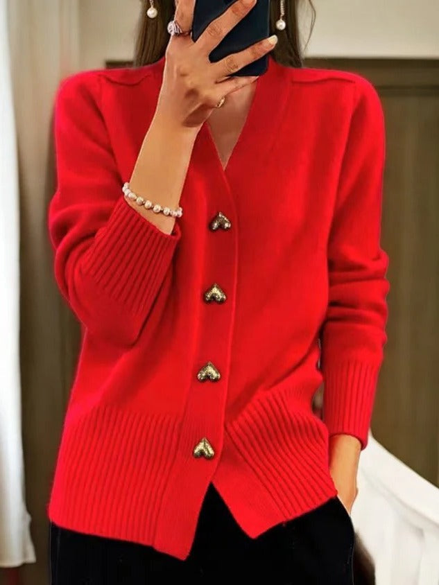 Women's elegant warm cardigan classic silhouette cozy layering piece with heart-shaped buttons