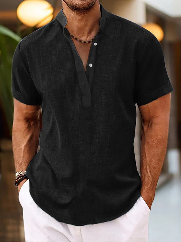 Men's short sleeve henley shirt relaxed straight cut with button placket mandarin collar everyday casual