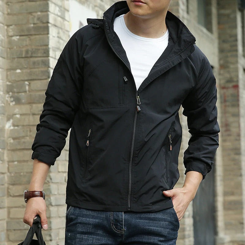 Men's olive green lightweight transitional jacket with low-bulk breathable design for all-season wear