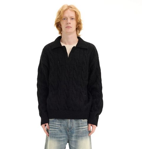 Men's cream cable knit relaxed fit sweater with soft open collar and ribbed cuffs