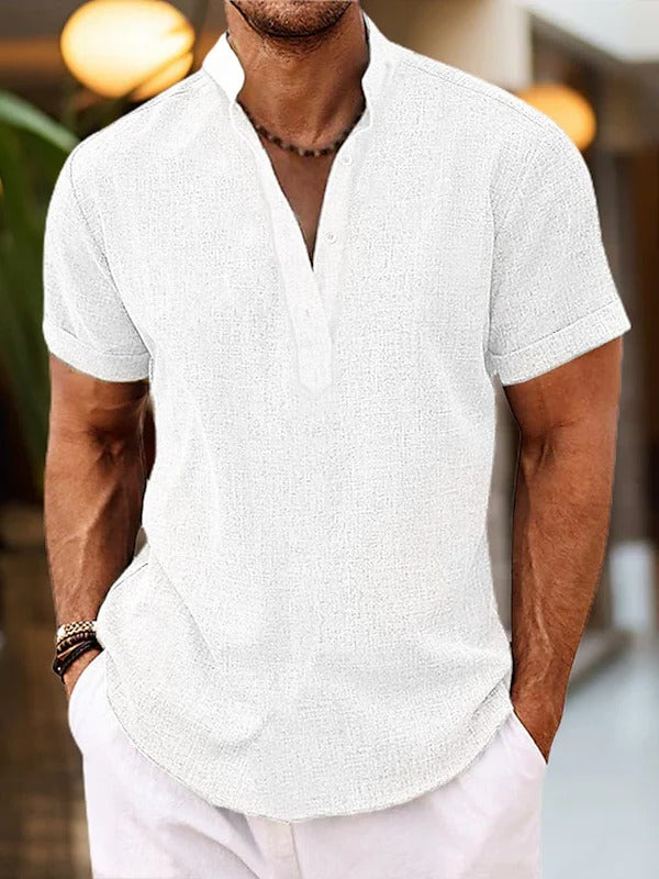 Men's relaxed Henley shirt short sleeve with button placket mandarin collar casual everyday wear