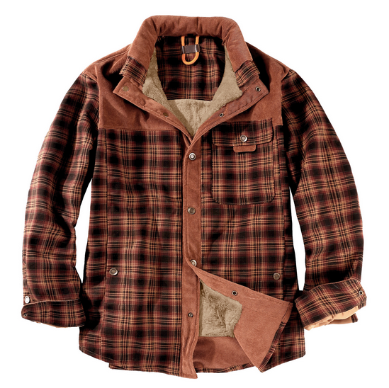 Men's plaid lumberjack jacket in red, army green, or blue weather-resistant rugged outdoor coat
