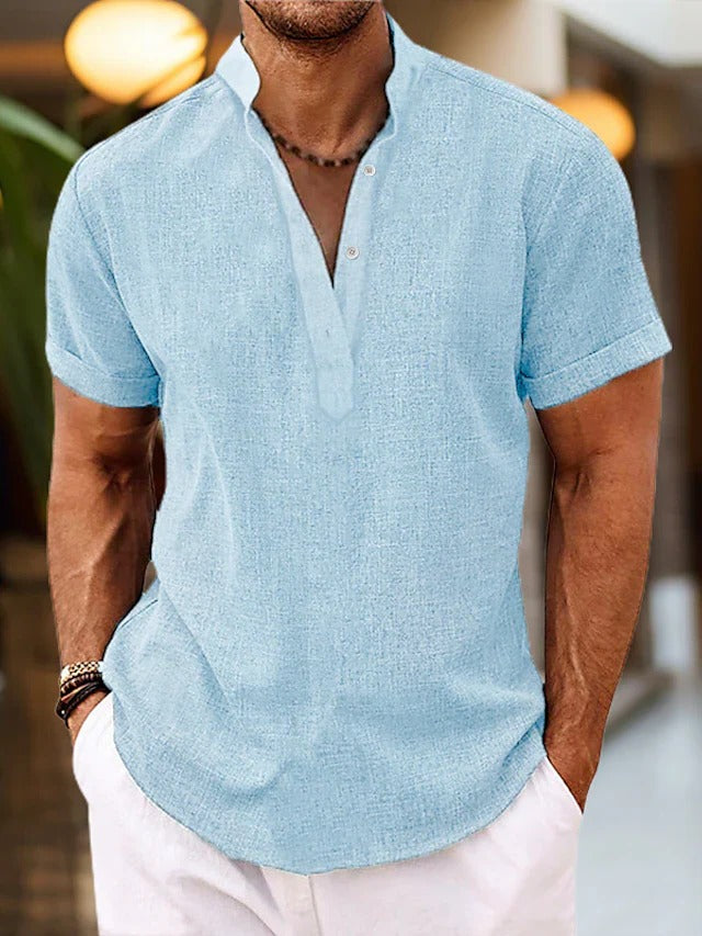 Men's short sleeve Henley shirt relaxed fit with button placket and mandarin collar everyday casual wear