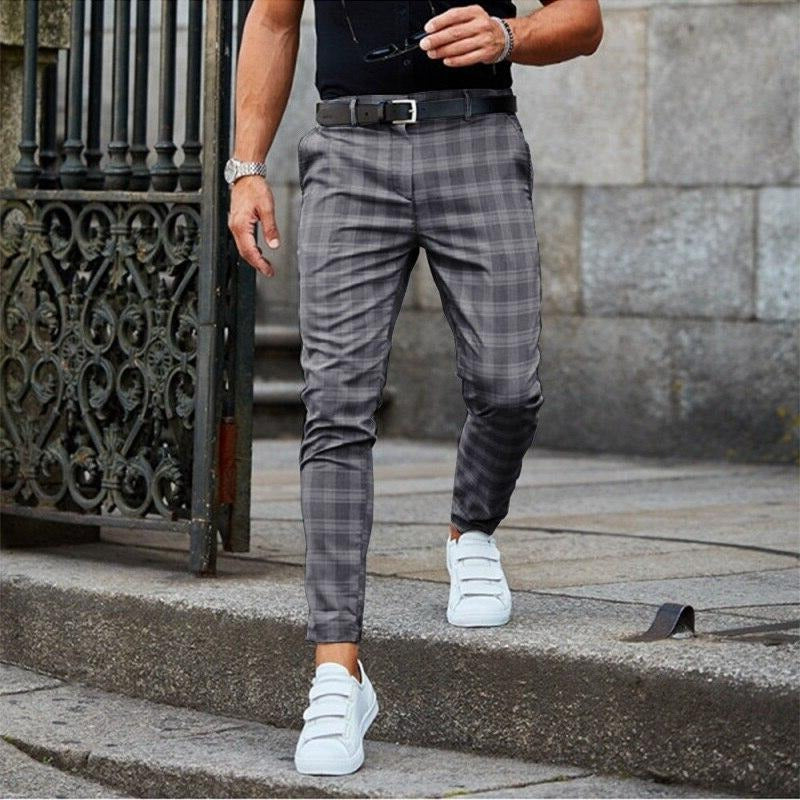 Men's modern plaid checked trousers versatile slim cut for casual and semi-formal wear