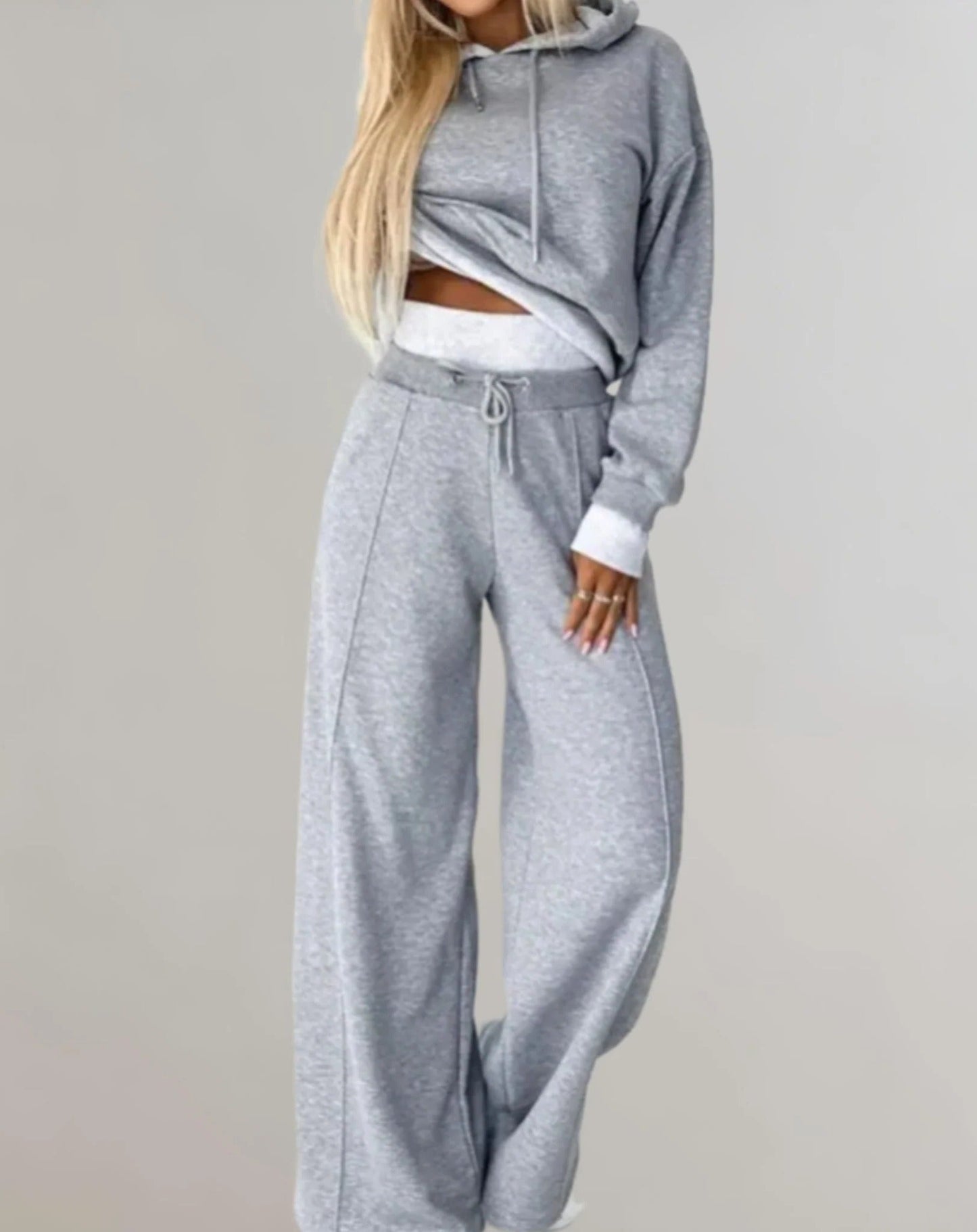 Women's two-tone cropped hoodie jogger set athleisure adjustable waist drawstring coordinated outfit